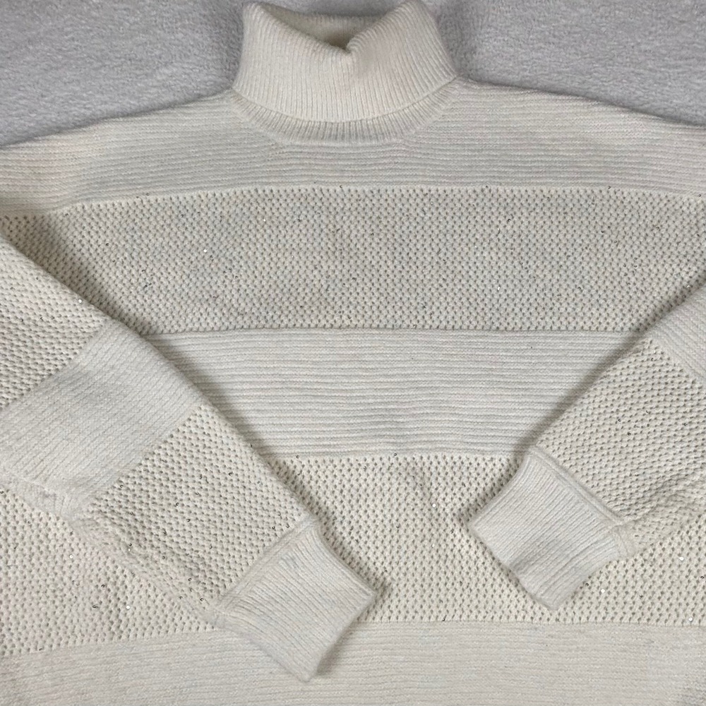 Rachel Zoe Sweater XL Winter White Luxe Chunky Sequin Turtleneck Cozy Sparkle - Picture 8 of 11